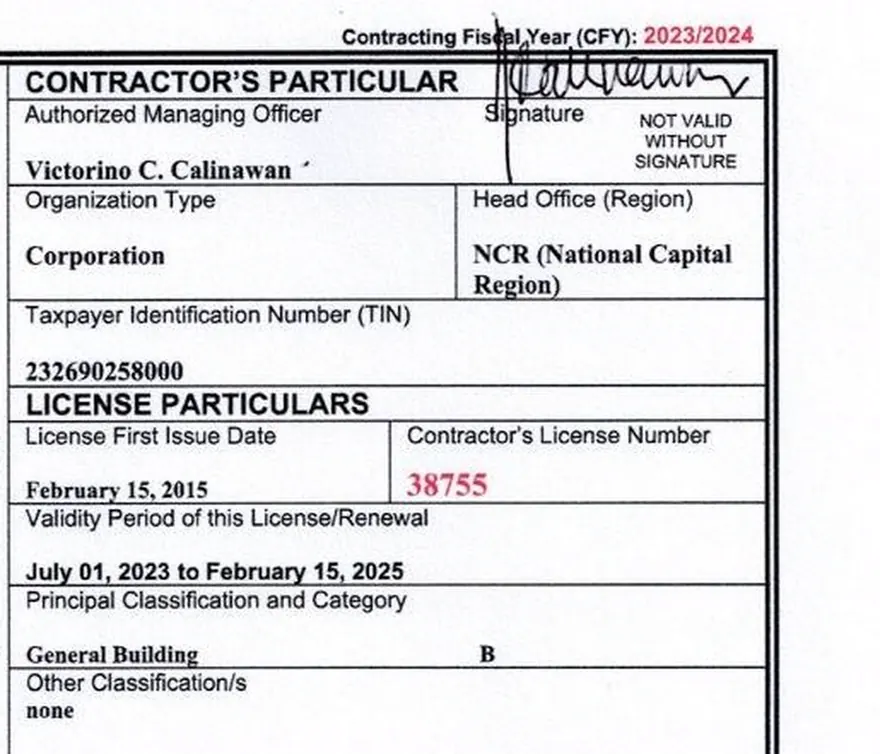 Detail of the PCAB licence: Dencons Genservices Corporation, licence number 38755, General Building Category B